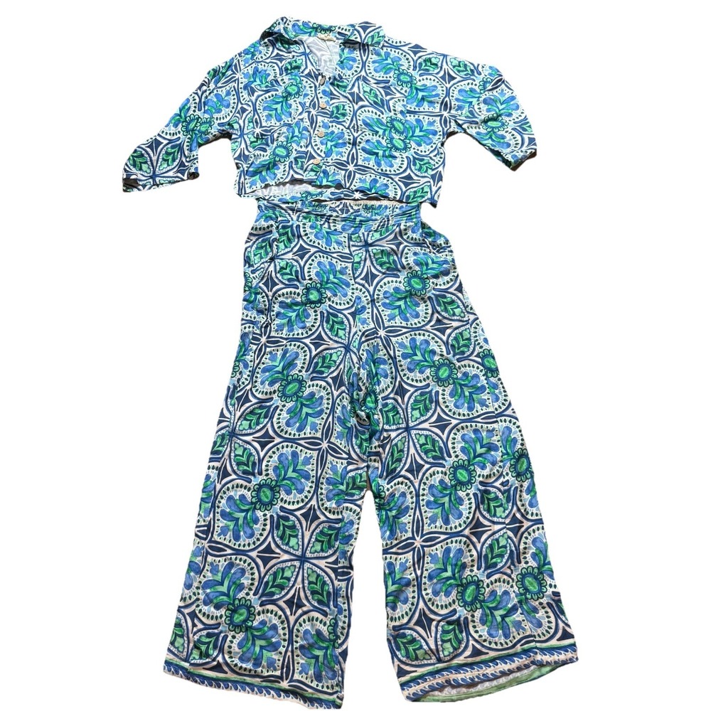 Haute Hippie Set Blue & Green Two Piece Outfit Size XS/S Boho Wide Leg Festival‎